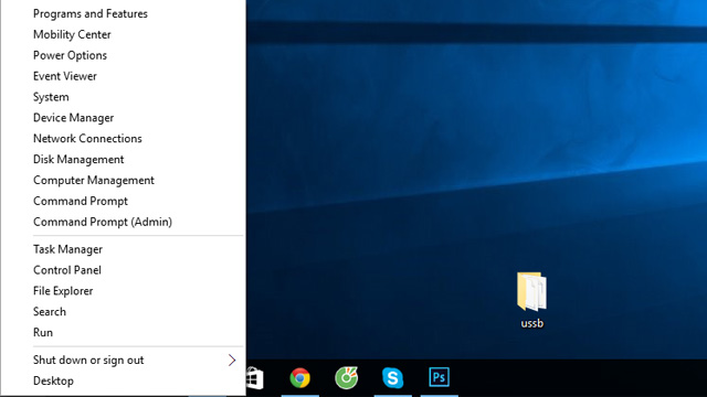 Bấm chuột phải vào góc trái nơi có biểu tượng Windows trên destop và chọn Command Prompt (Admin) 
